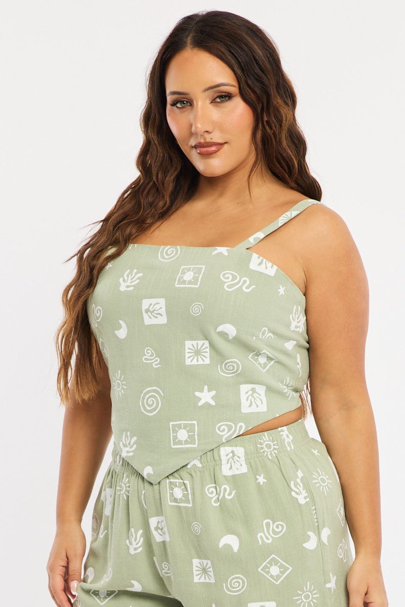 Green Abstract Scarf Top Sleeveless Linen Blend for YouandAll Fashion