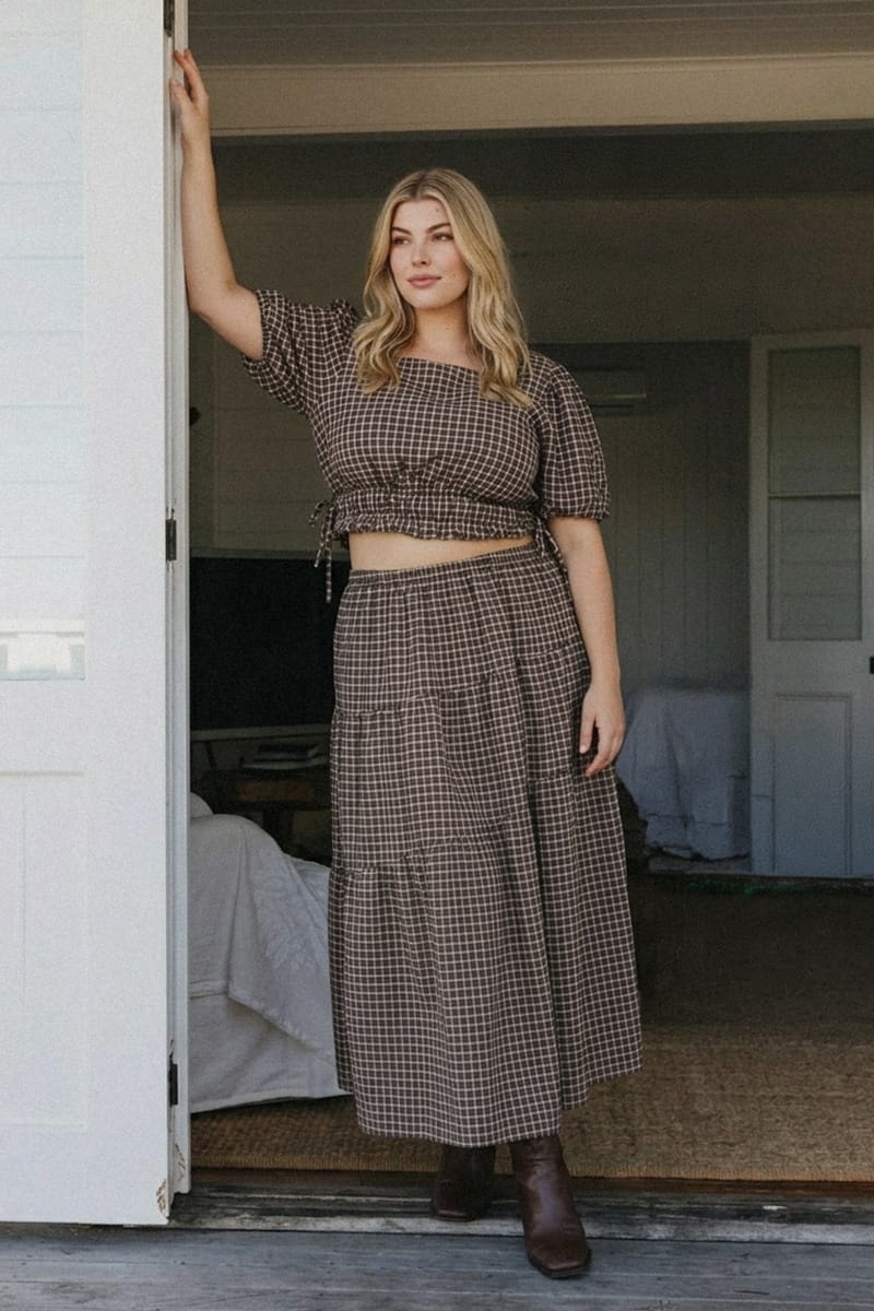 Brown Check Gathered Top Boat Neck Short Puff Sleeve for YouandAll Fashion
