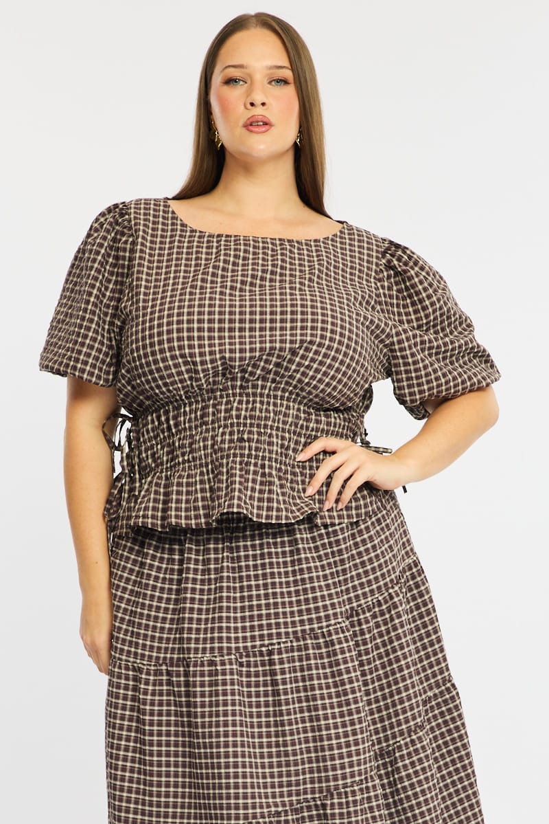 Brown Check Gathered Top Boat Neck Short Puff Sleeve for YouandAll Fashion