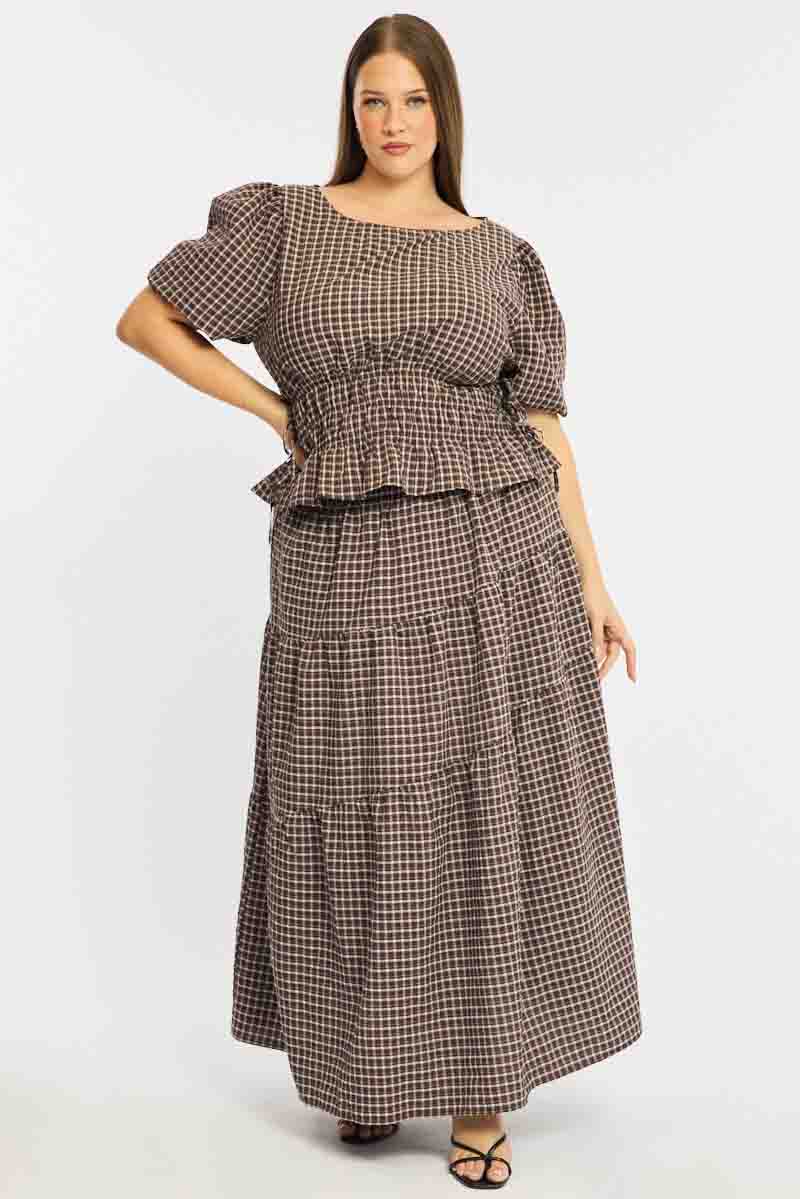 Brown Check Gathered Top Boat Neck Short Puff Sleeve for YouandAll Fashion
