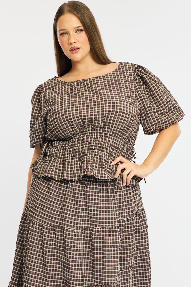 Brown Check Gathered Top Boat Neck Short Puff Sleeve for YouandAll Fashion