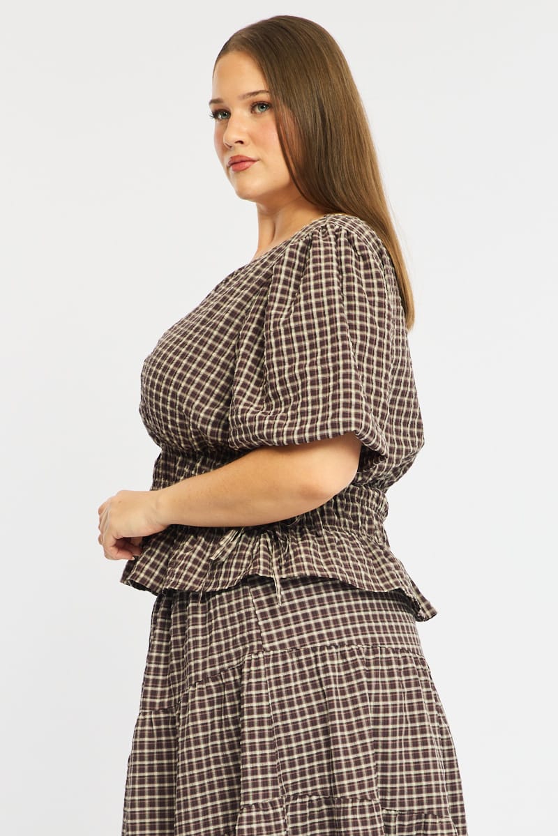 Brown Check Gathered Top Boat Neck Short Puff Sleeve for YouandAll Fashion