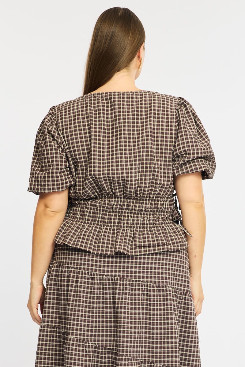 Brown Check Gathered Top Boat Neck Short Puff Sleeve for YouandAll Fashion