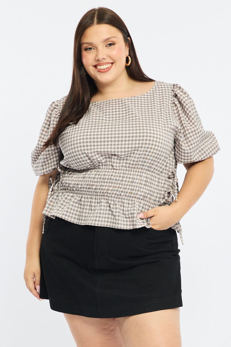 Beige Check Short Sleeve Top Peplum for YouandAll Fashion