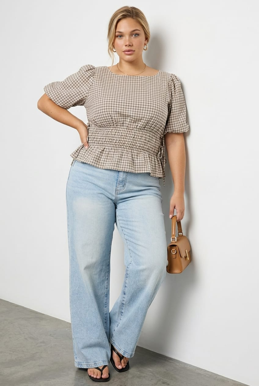 Beige Check Short Sleeve Top Peplum for YouandAll Fashion