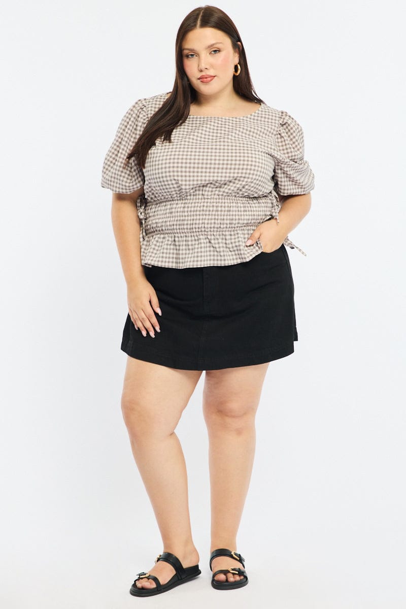 Beige Check Short Sleeve Top Peplum for YouandAll Fashion