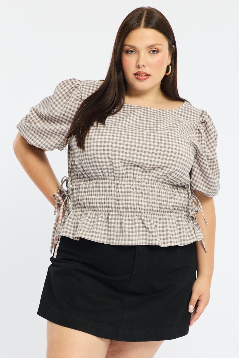 Beige Check Short Sleeve Top Peplum for YouandAll Fashion
