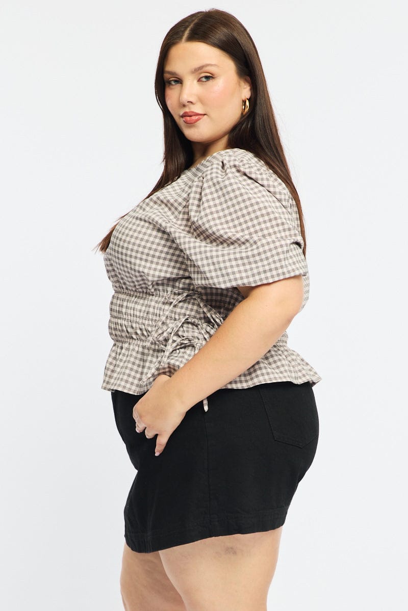 Beige Check Short Sleeve Top Peplum for YouandAll Fashion
