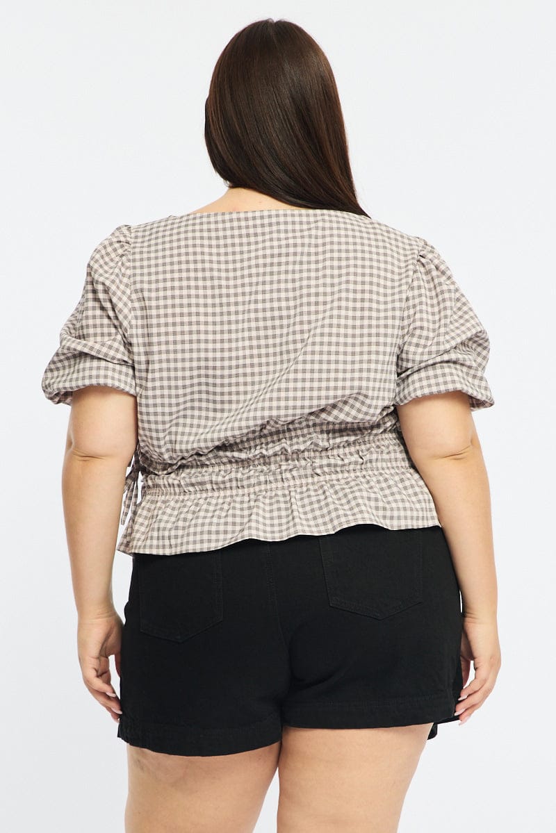 Beige Check Short Sleeve Top Peplum for YouandAll Fashion