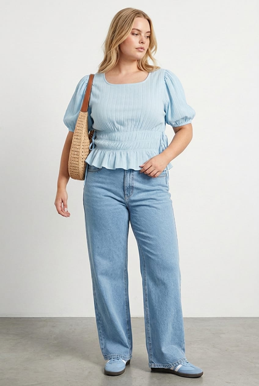 Blue Gathered Top Boat Neck Short Puff Sleeve