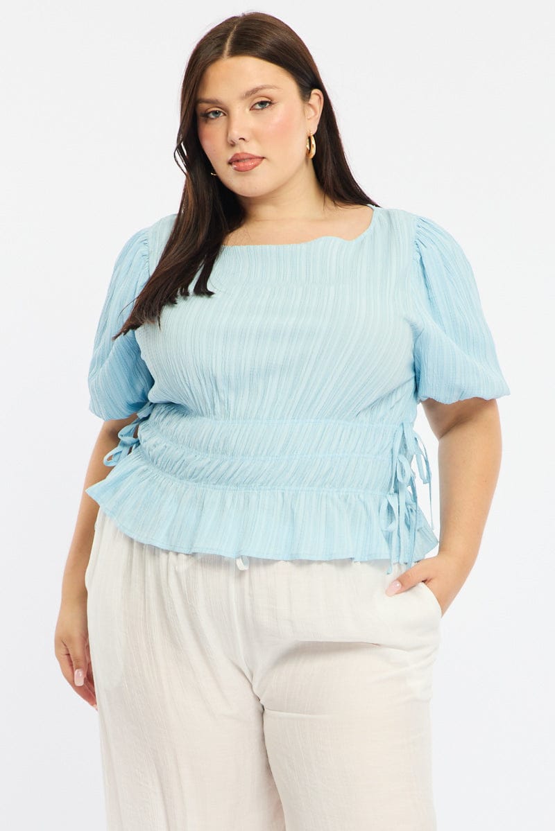 Blue Gathered Top Boat Neck Short Puff Sleeve for YouandAll Fashion