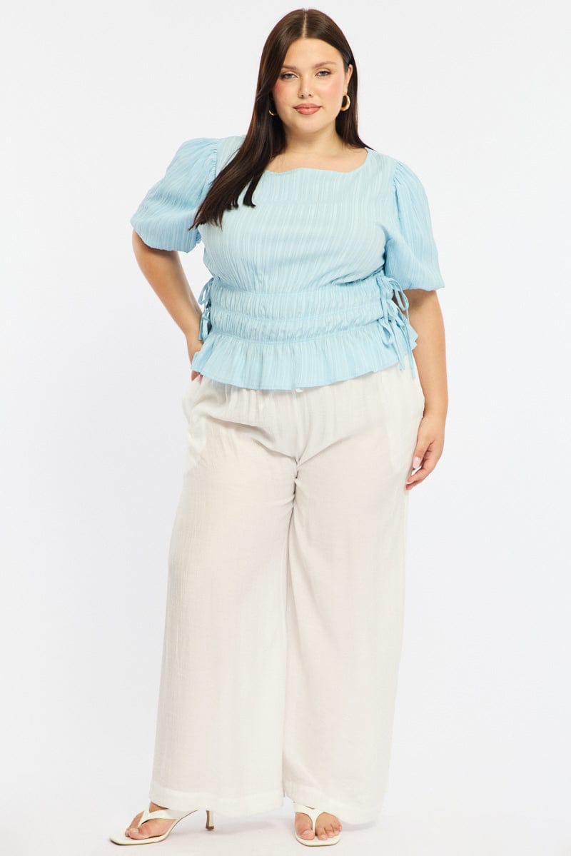 Blue Gathered Top Boat Neck Short Puff Sleeve for YouandAll Fashion