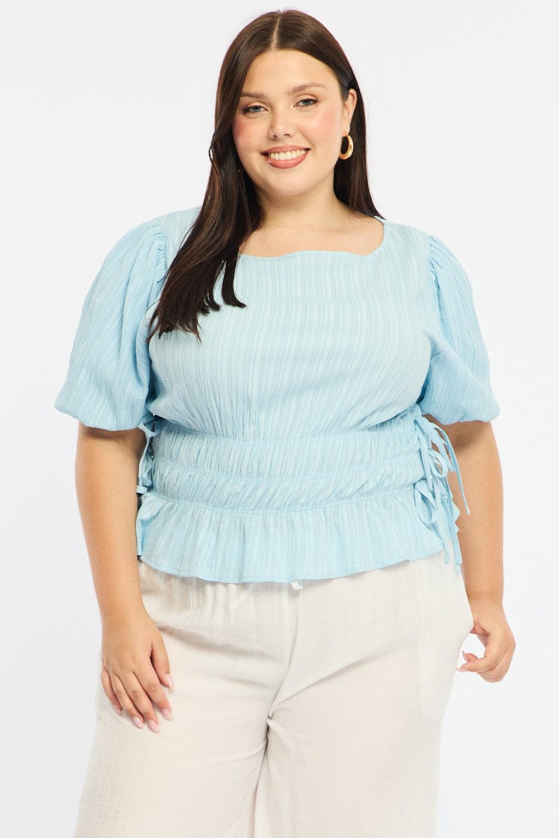 Blue Gathered Top Boat Neck Short Puff Sleeve for YouandAll Fashion
