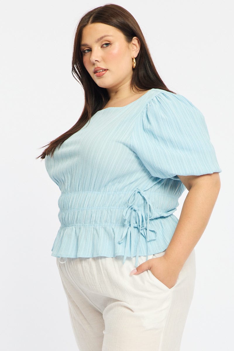 Blue Gathered Top Boat Neck Short Puff Sleeve for YouandAll Fashion