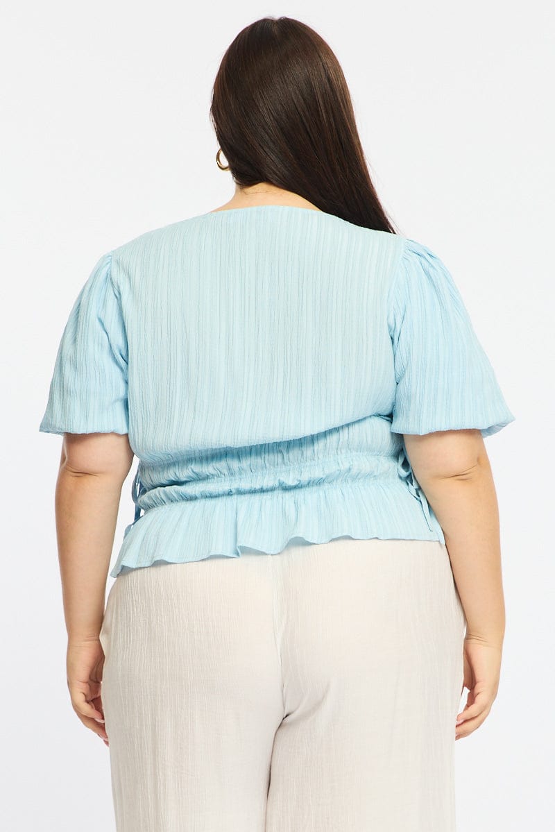 Blue Gathered Top Boat Neck Short Puff Sleeve for YouandAll Fashion