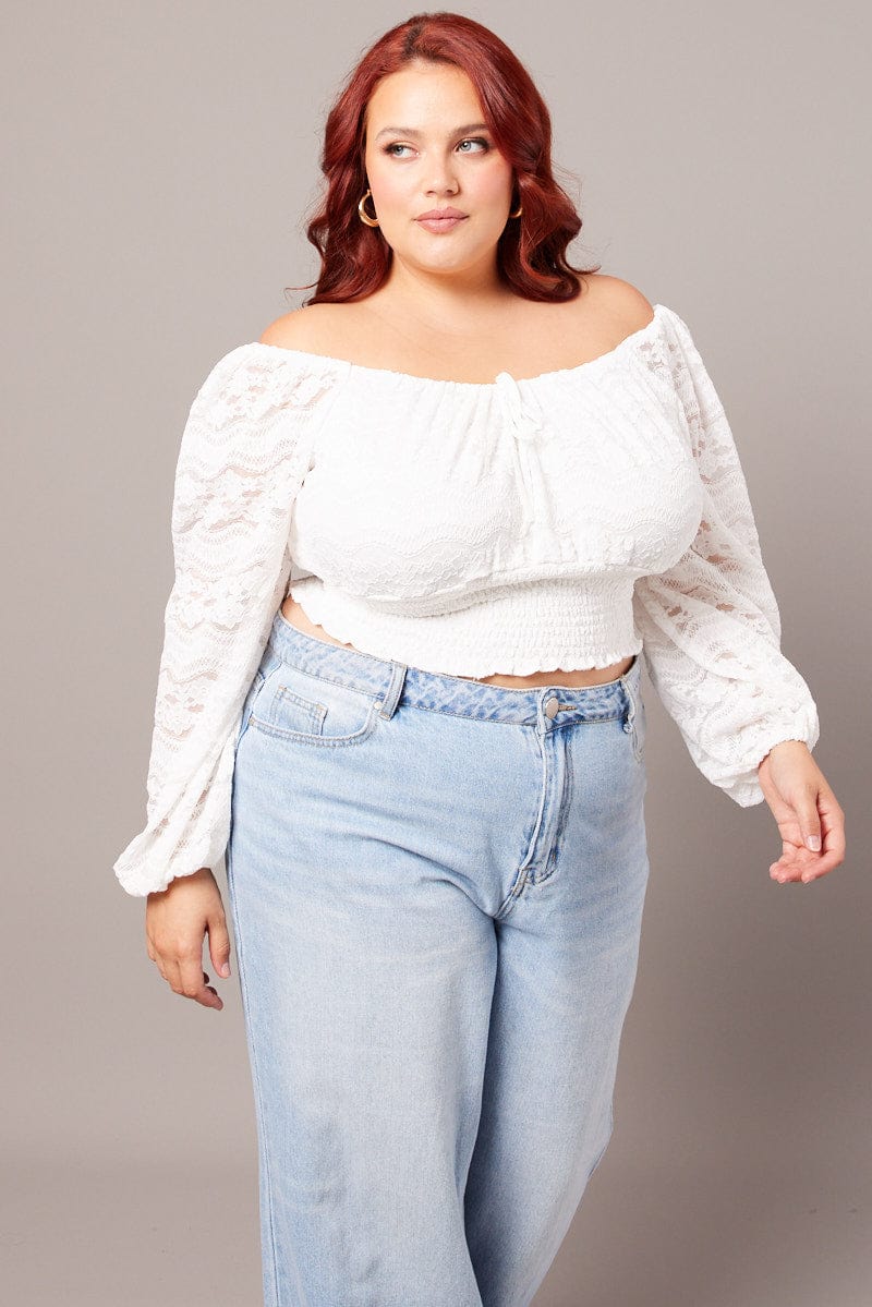 White Crop Top Long Sleeve Ruched Lace You All