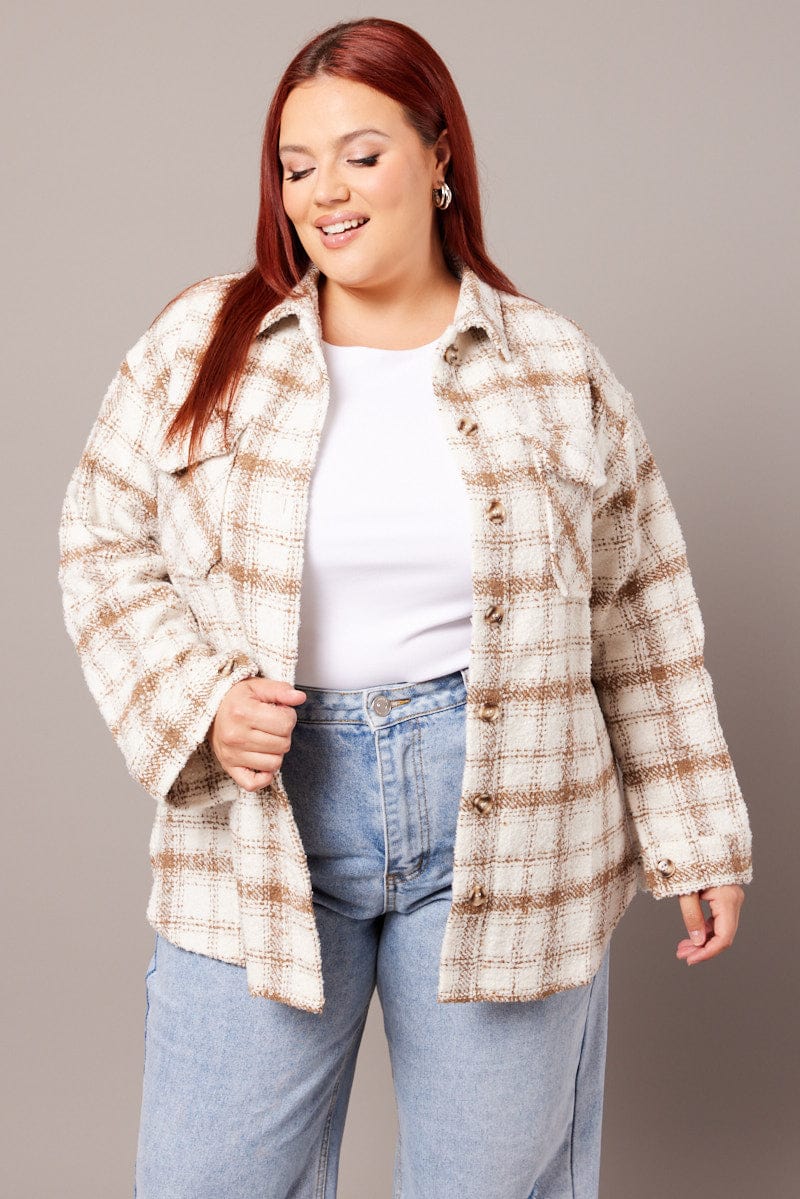 Beige Check Relaxed Shirt Long Sleeve Shacket for YouandAll Fashion