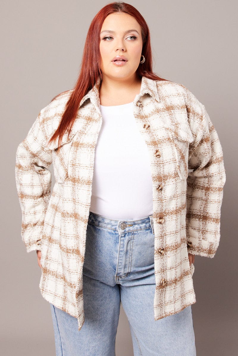 Beige Check Relaxed Shirt Long Sleeve Shacket for YouandAll Fashion