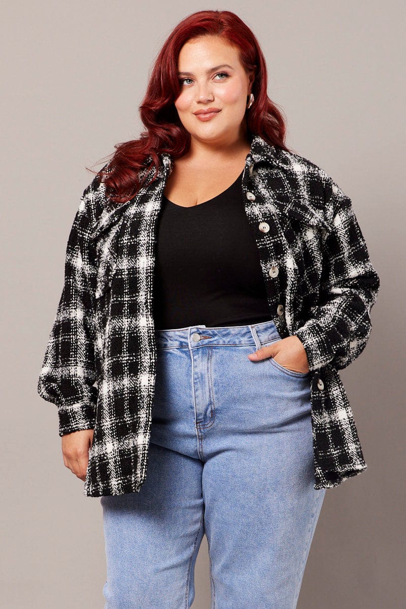 Black Check Relaxed Shirt Long Sleeve Shacket for YouandAll Fashion