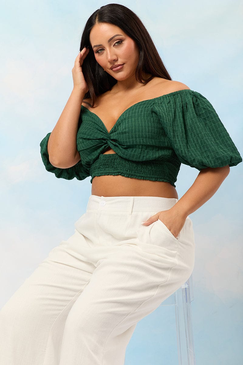 Green Crop Top Short Sleeve Cut Out Textured for YouandAll Fashion