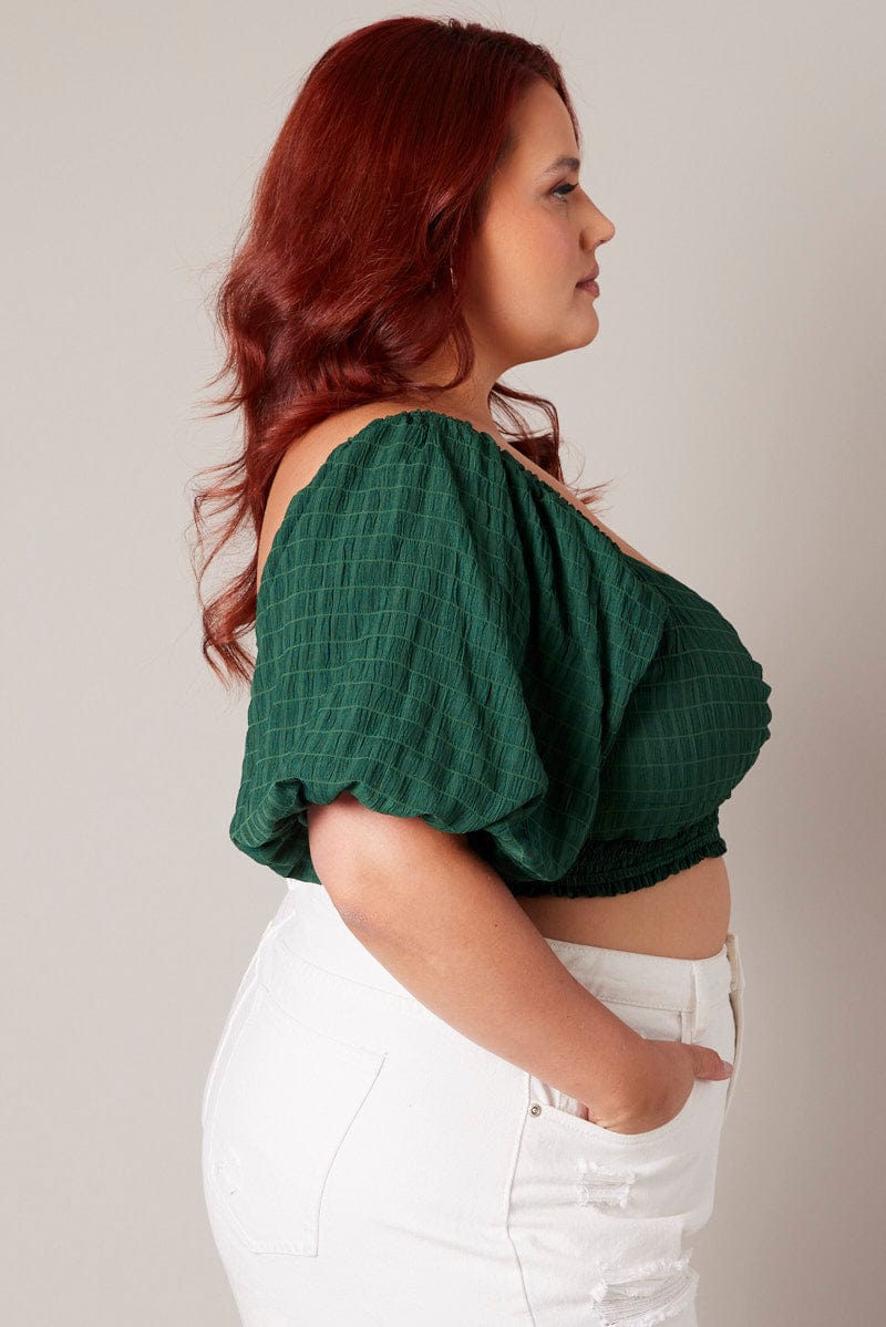 Green Crop Top Short Sleeve Cut Out Textured for YouandAll Fashion