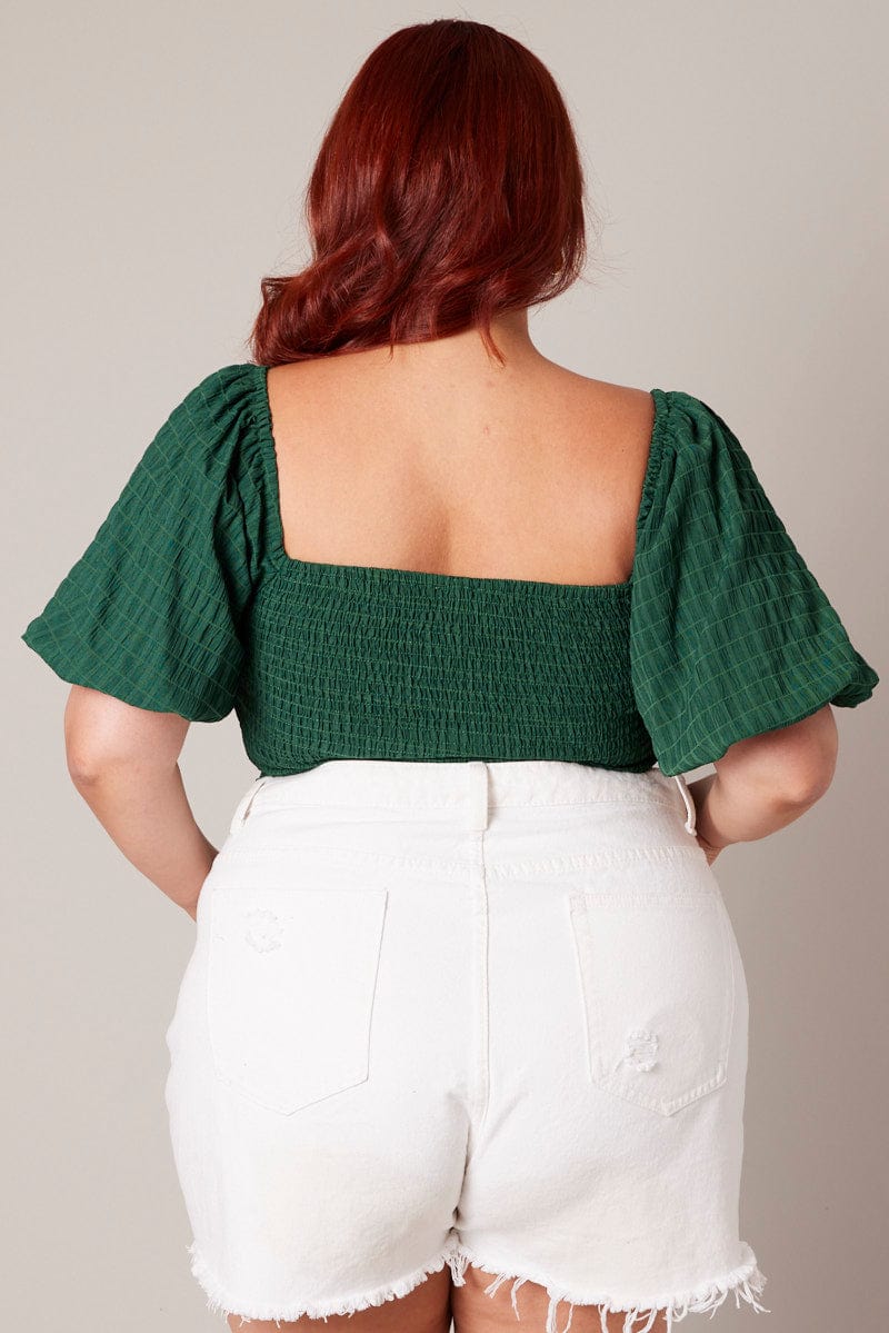 Green Crop Top Short Sleeve Cut Out Textured for YouandAll Fashion