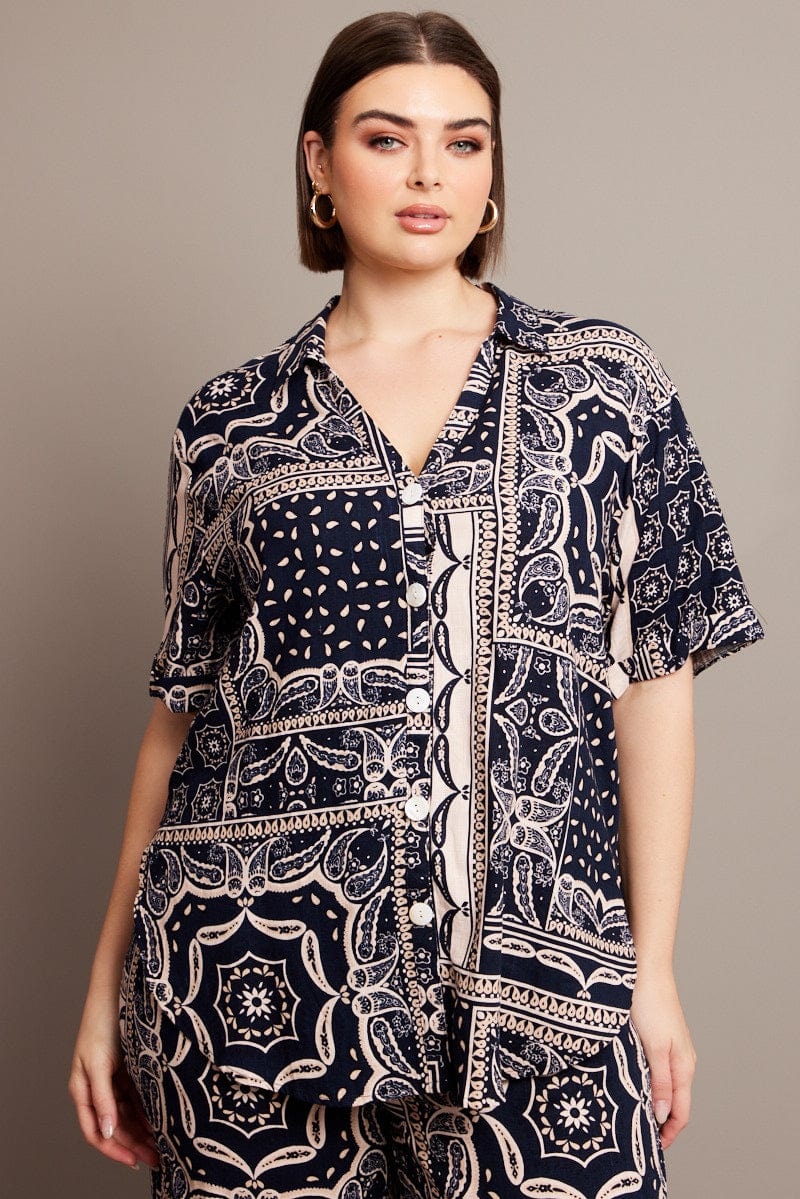 Blue Abstract Relaxed Shirt Short Sleeve Bandana for YouandAll Fashion