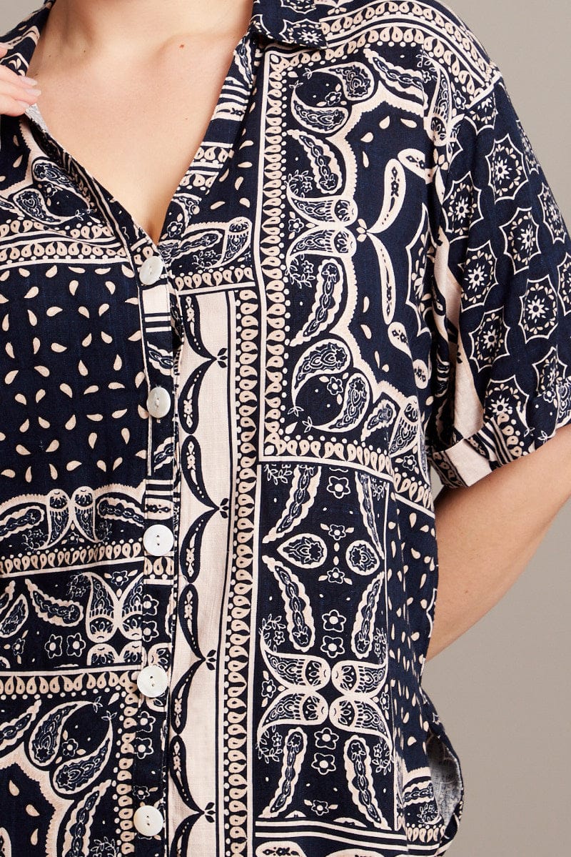 Blue Abstract Relaxed Shirt Short Sleeve Bandana for YouandAll Fashion