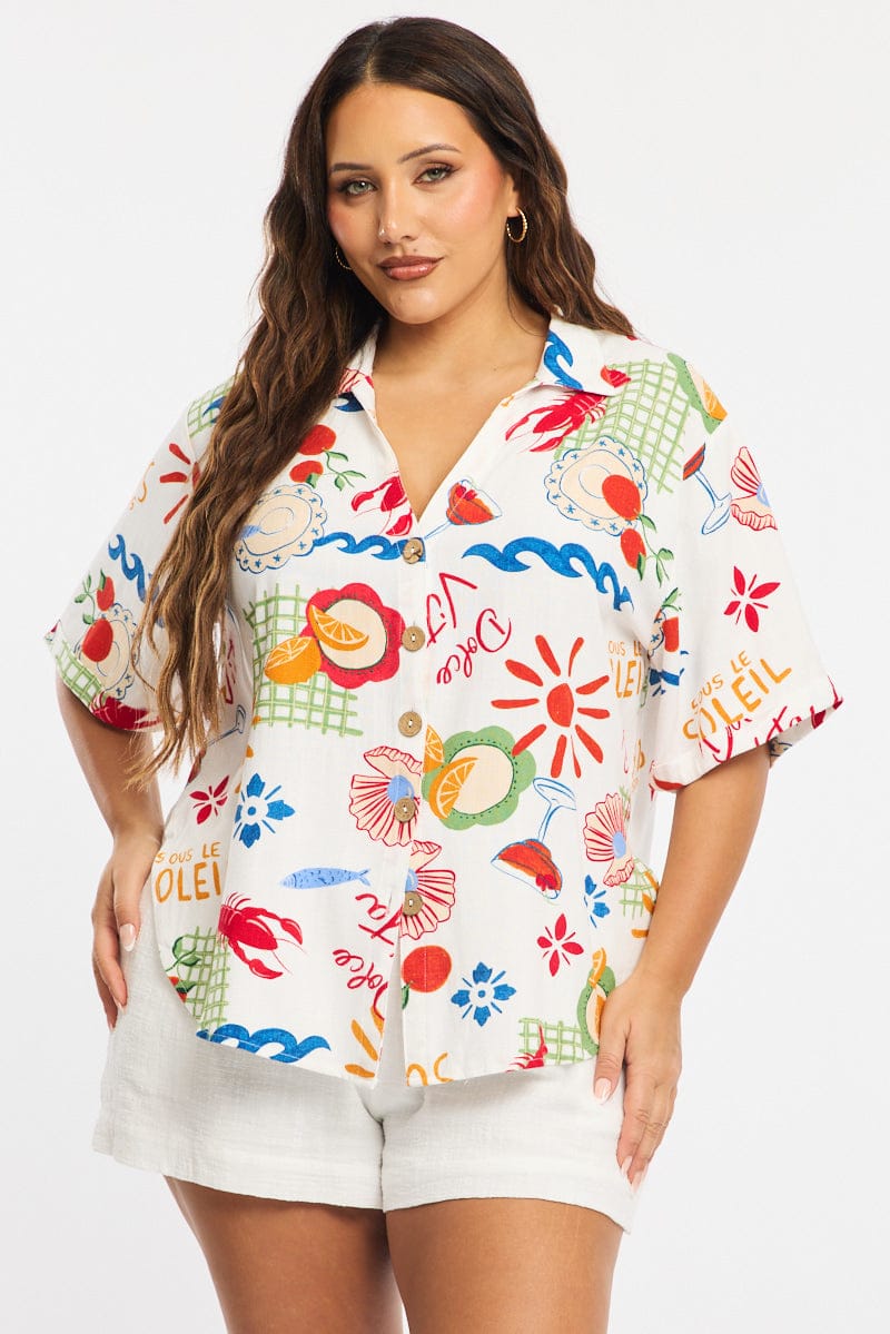 Multi Abstract Relaxed Shirt Short Sleeve Linen Blend for YouandAll Fashion