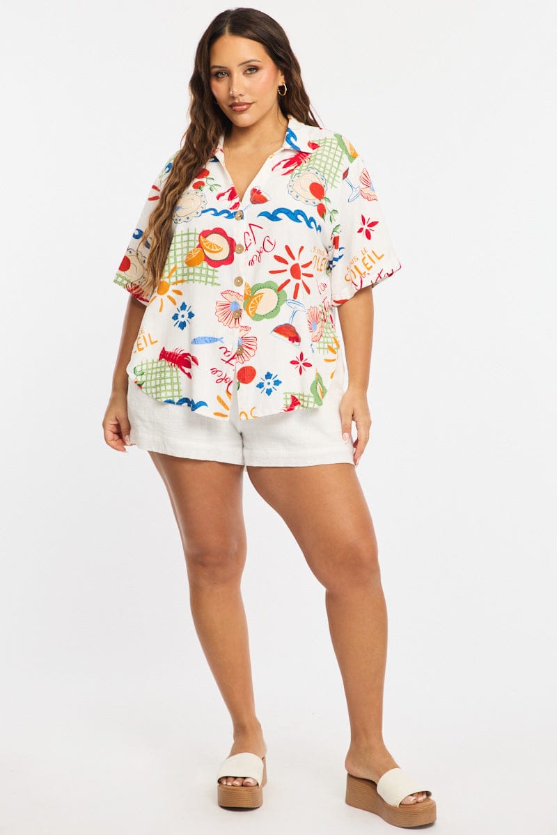 Multi Abstract Relaxed Shirt Short Sleeve Linen Blend for YouandAll Fashion