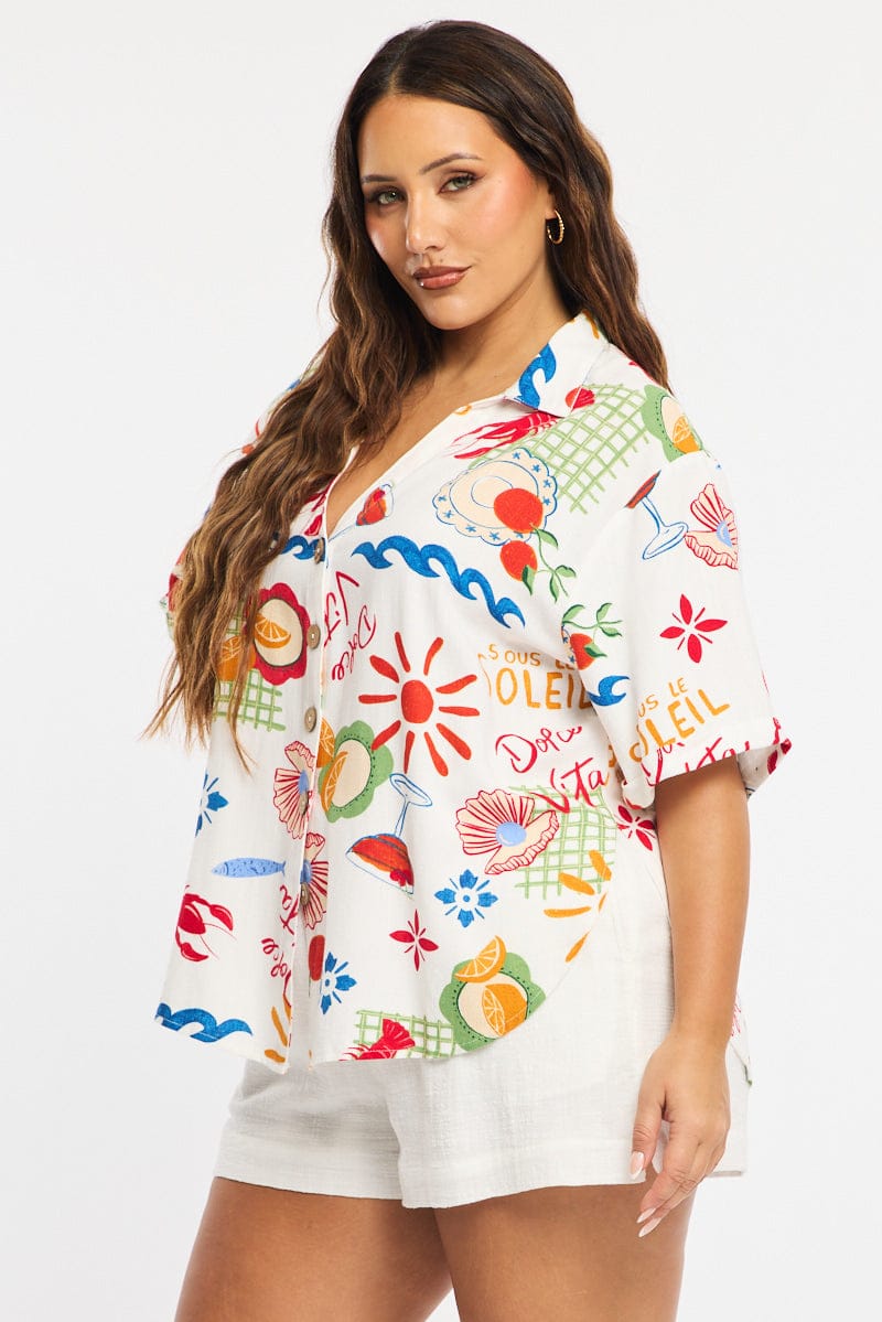 Multi Abstract Relaxed Shirt Short Sleeve Linen Blend for YouandAll Fashion