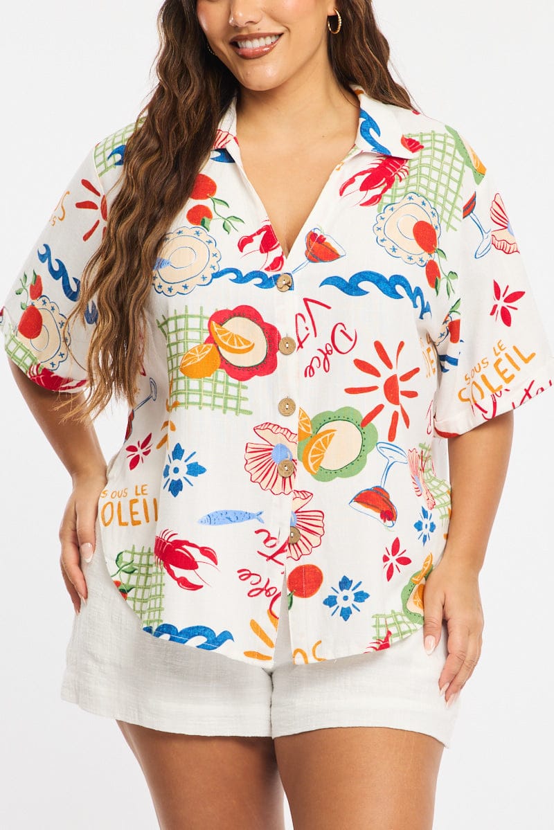 Multi Abstract Relaxed Shirt Short Sleeve Linen Blend for YouandAll Fashion