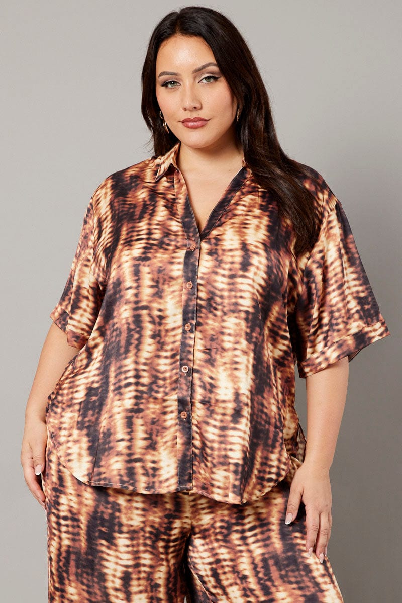 Brown Abstract Relaxed Shirt Short Sleeve Satin for YouandAll Fashion