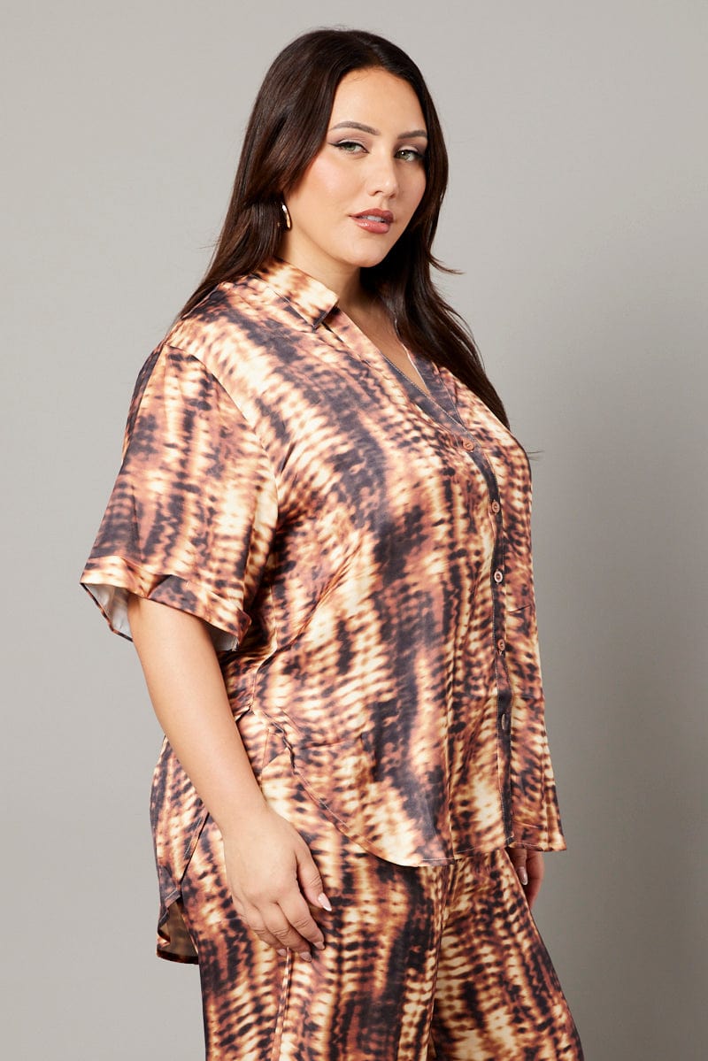 Brown Abstract Relaxed Shirt Short Sleeve Satin for YouandAll Fashion