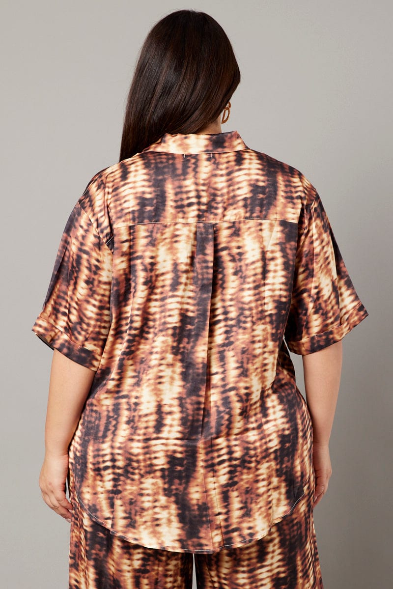 Brown Abstract Relaxed Shirt Short Sleeve Satin for YouandAll Fashion