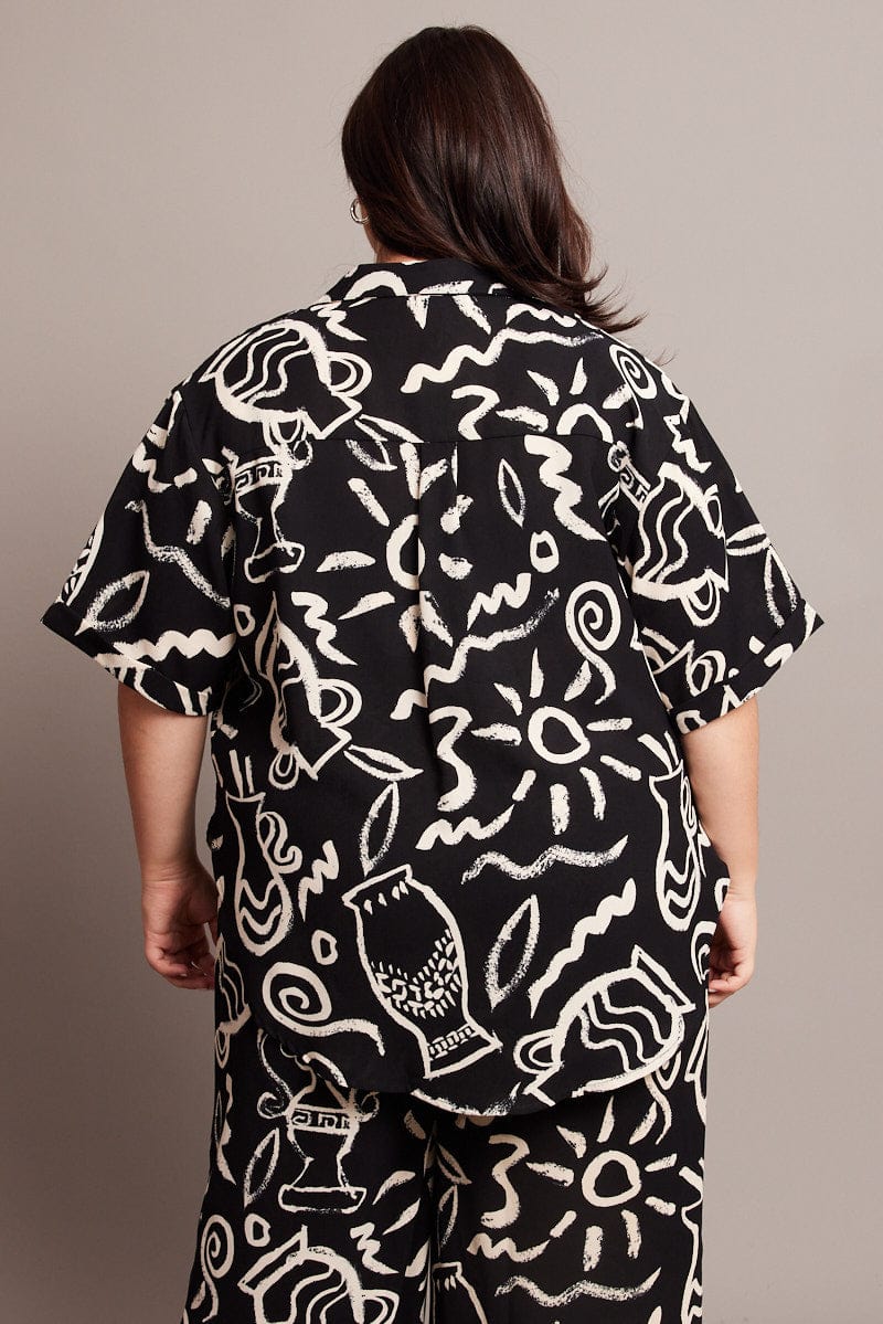 Black Abstract Relaxed Shirt Short Sleeve for YouandAll Fashion