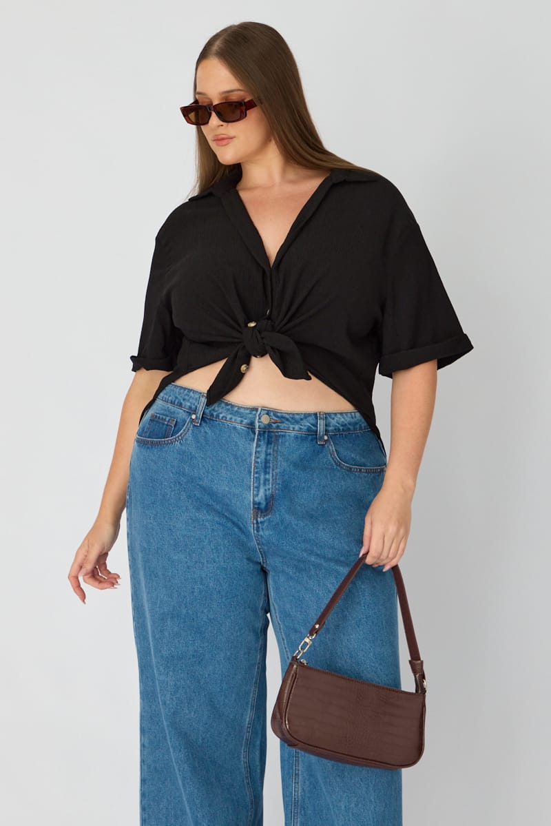 Black Relaxed Shirt Short Sleeve Textured for YouandAll Fashion