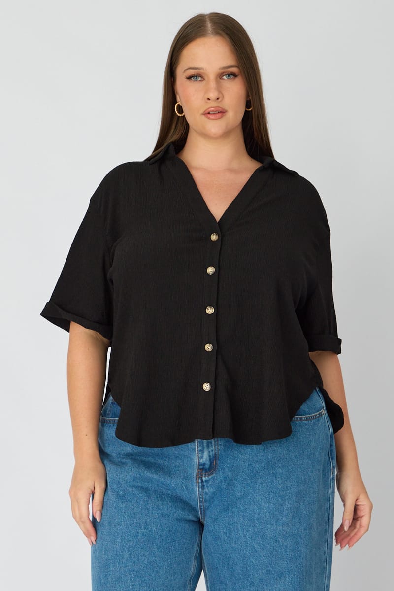 Black Relaxed Shirt Short Sleeve Textured for YouandAll Fashion