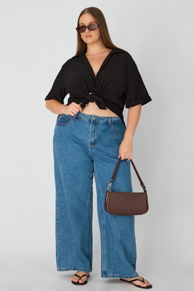 Black Relaxed Shirt Short Sleeve Textured for YouandAll Fashion