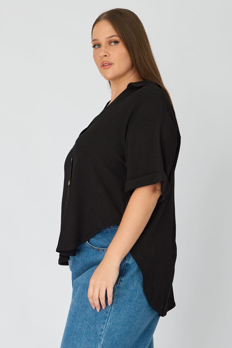 Black Relaxed Shirt Short Sleeve Textured for YouandAll Fashion