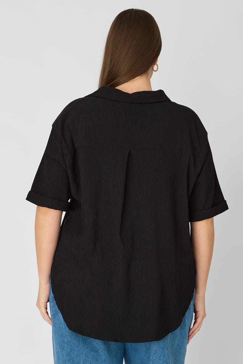 Black Relaxed Shirt Short Sleeve Textured for YouandAll Fashion