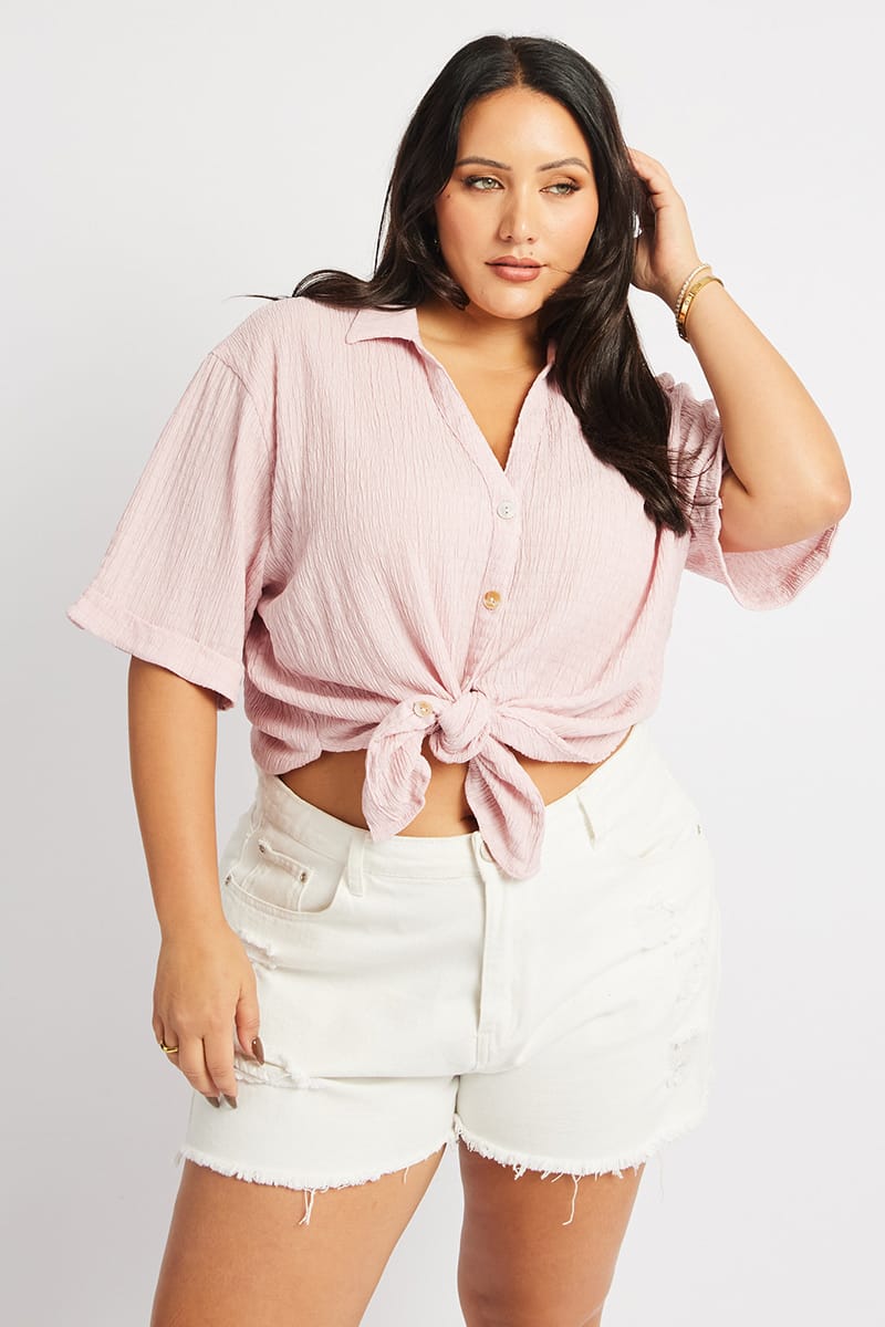 Pink Relaxed Shirt Short Sleeve Textured for YouandAll Fashion