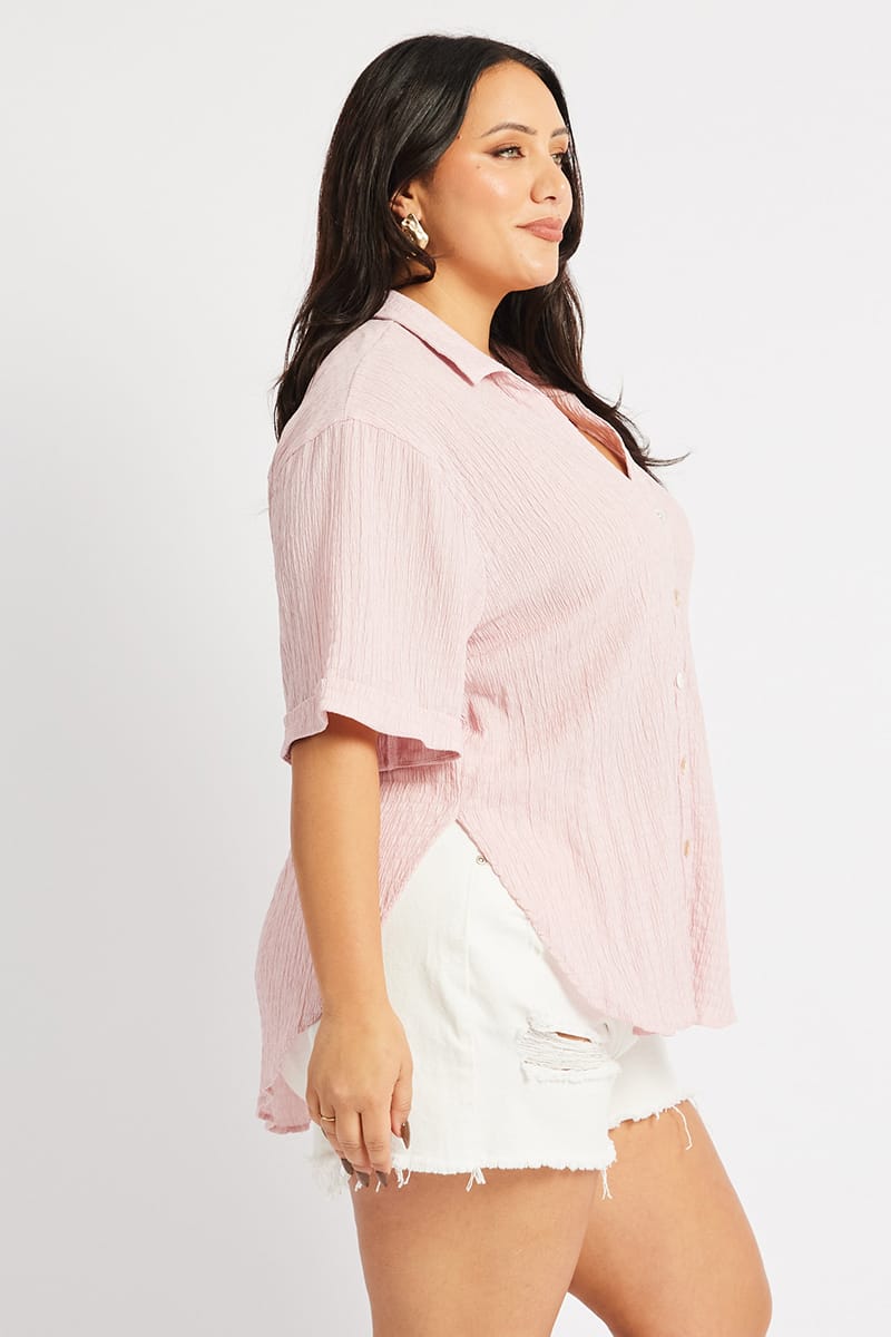 Pink Relaxed Shirt Short Sleeve Textured for YouandAll Fashion