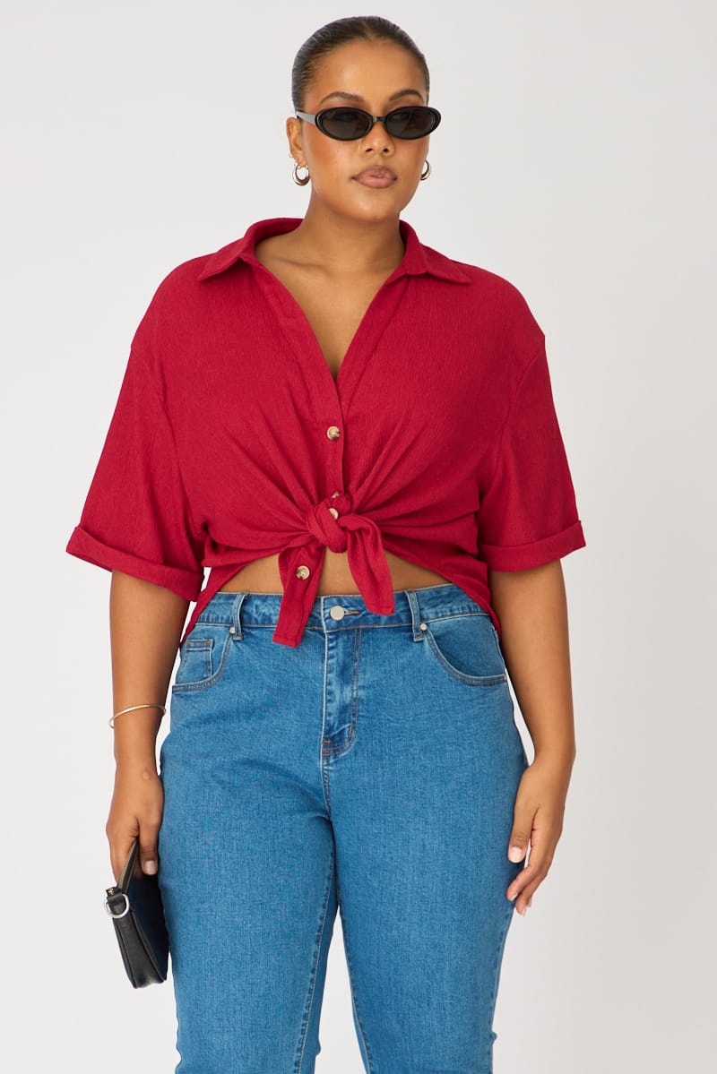 Red Relaxed Shirt Short Sleeve Textured for YouandAll Fashion