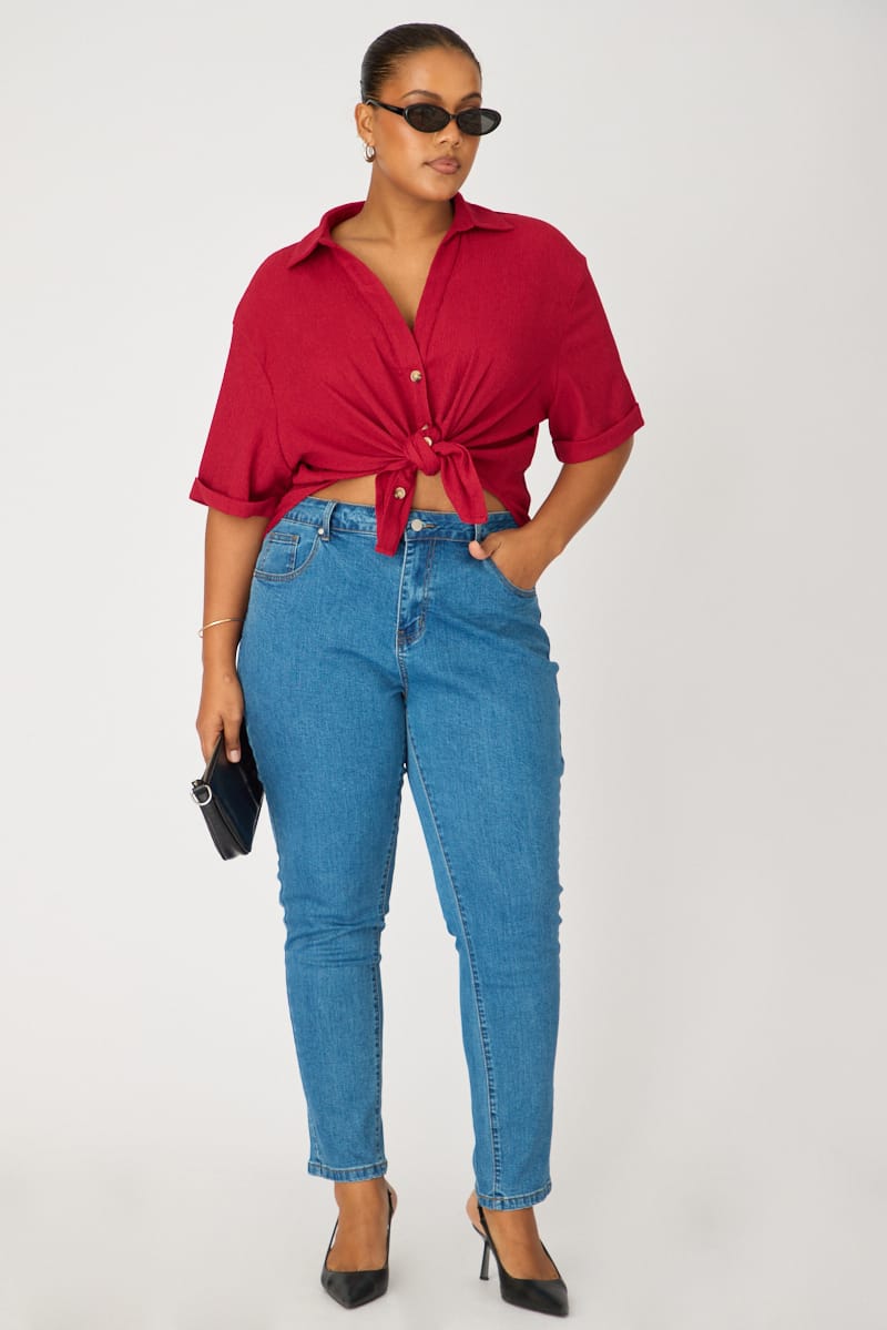 Red Relaxed Shirt Short Sleeve Textured for YouandAll Fashion