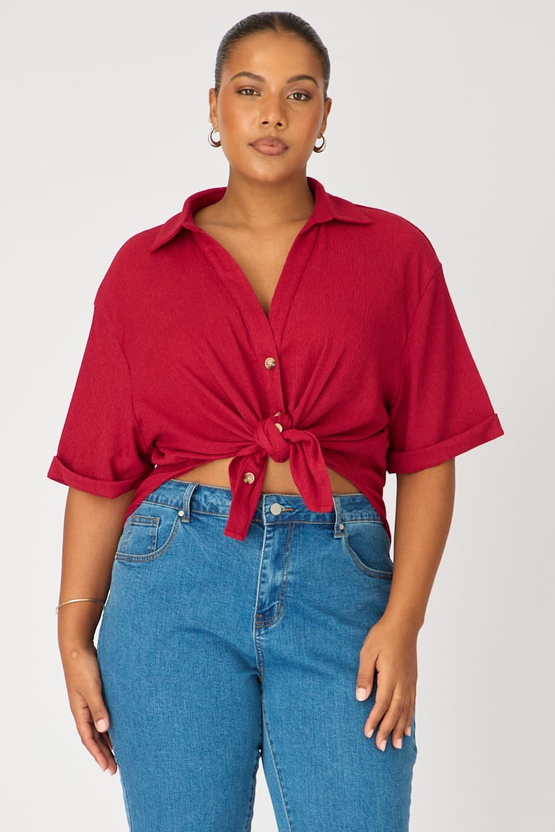 Red Relaxed Shirt Short Sleeve Textured for YouandAll Fashion