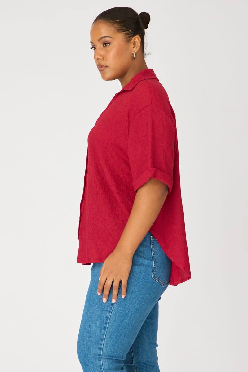 Red Relaxed Shirt Short Sleeve Textured for YouandAll Fashion