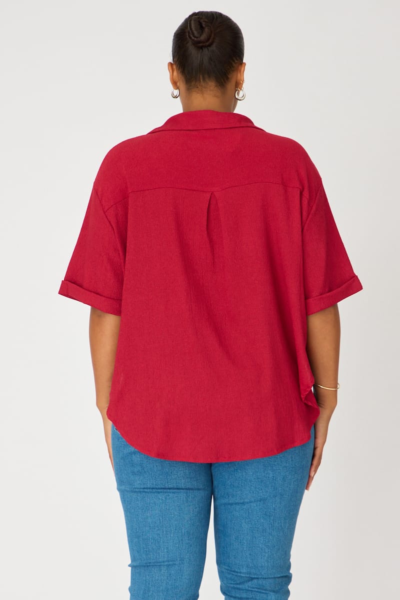 Red Relaxed Shirt Short Sleeve Textured for YouandAll Fashion