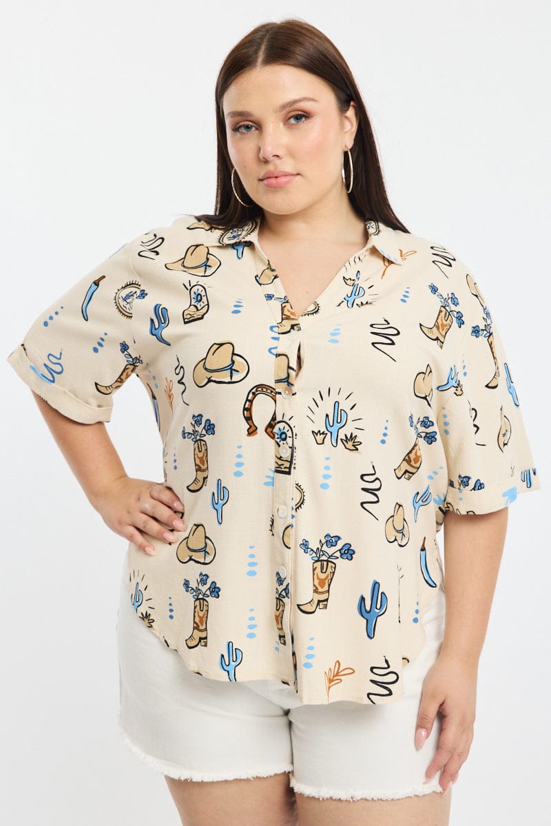 Beige Abstract Relaxed Shirt Short Sleeve Cowboy Print for YouandAll Fashion