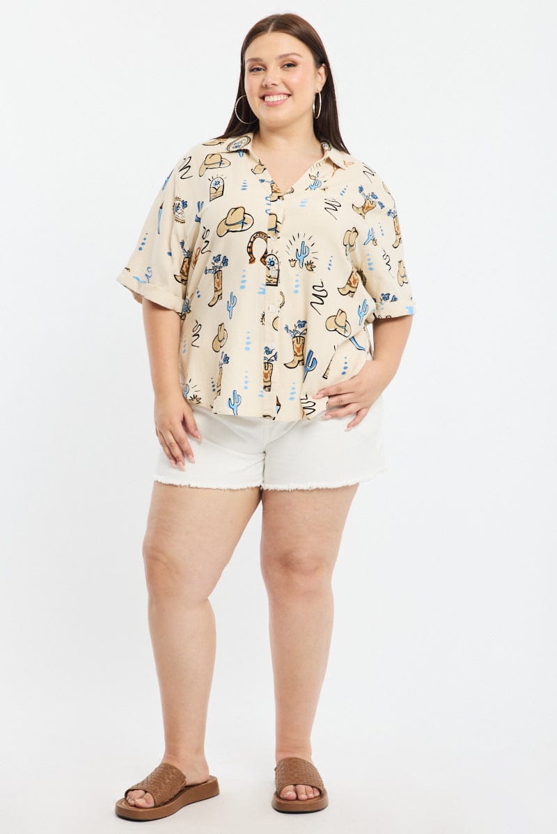 Beige Abstract Relaxed Shirt Short Sleeve Cowboy Print for YouandAll Fashion